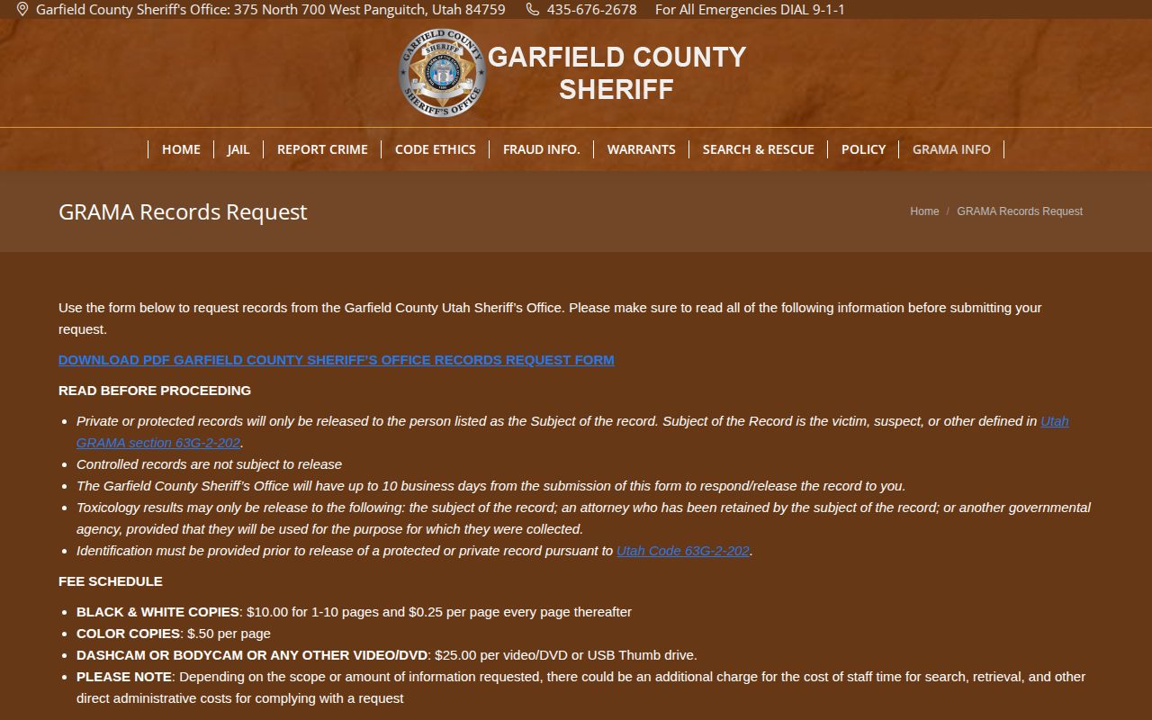 Garfield County released inmate mugshot GRAMA request instructions