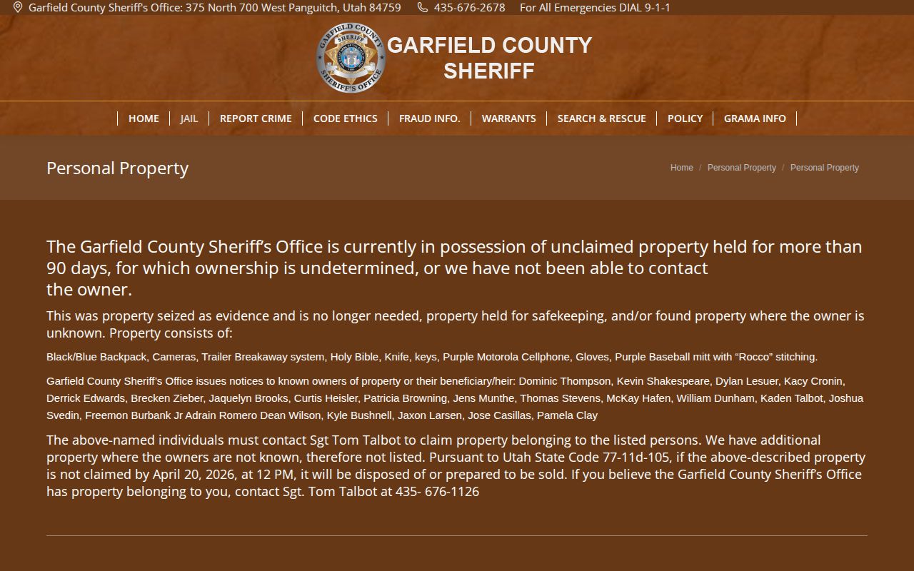 Garfield County release property information from the sheriff